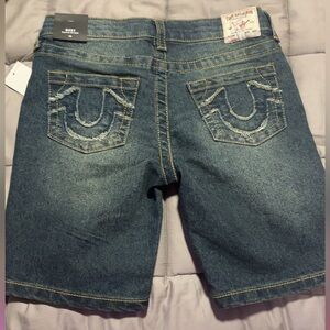 True Religion Blue Distressed Denim Shorts with Contrast Stitching
